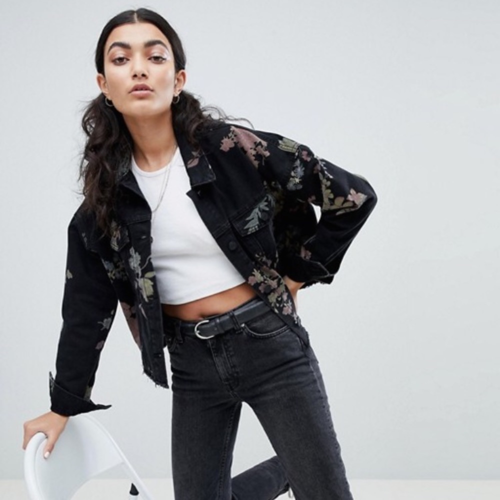 Black Floral Denim Trucker Jacket